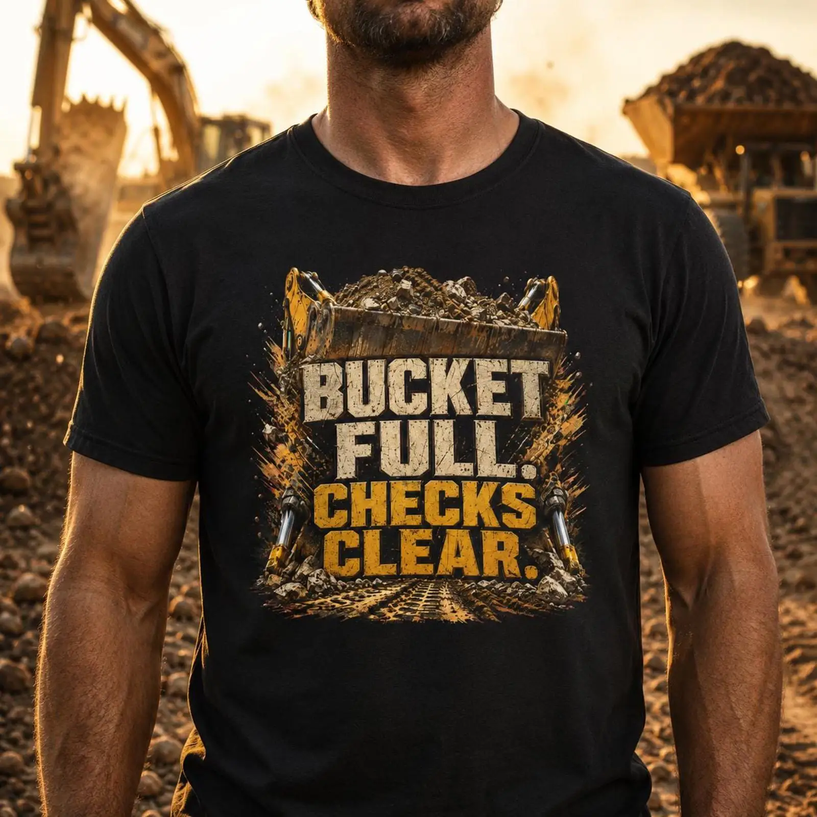 Heavy Equipment With Bucket - バケットフルチェッククリア 掘削機Tシャツ 重機オペレーター メンズ 建設作業員 ローダー